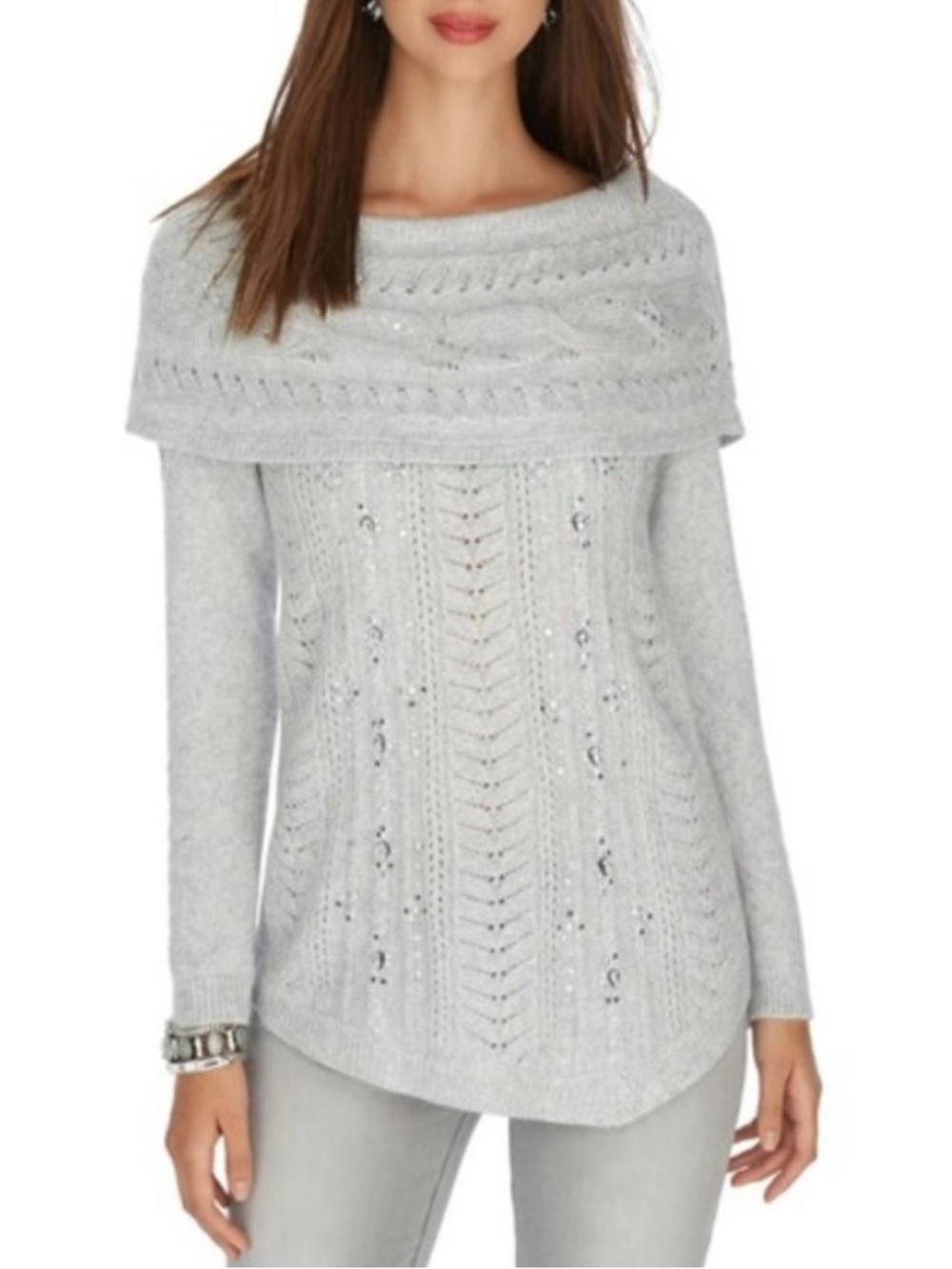 WHBM Gray Embellished Open Knit Wool Blend Off Shoulder Light Sweater Medium